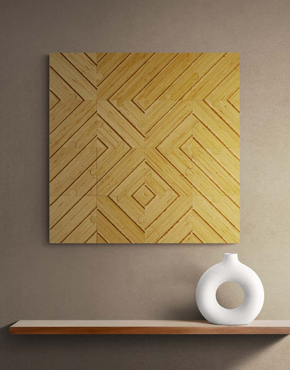 plyboo puzzle on a wall above a minimal display shelf