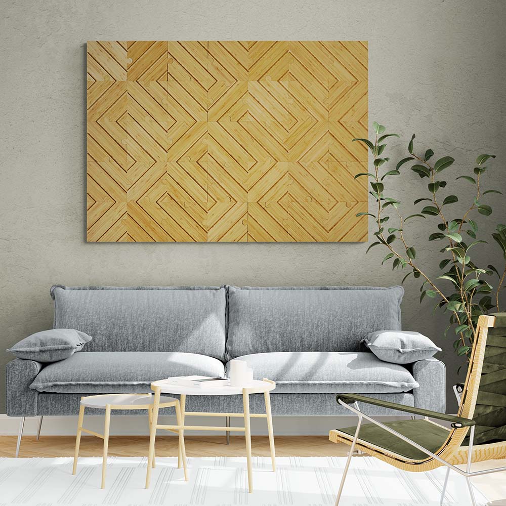 plyboo puzzle on a wall above a modern living room