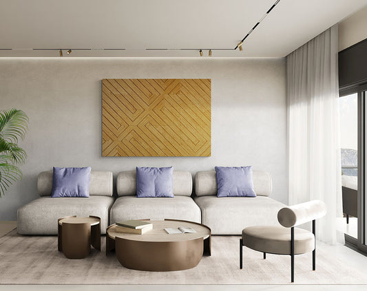 plyboo puzzle hanging on the wall above a modern living room