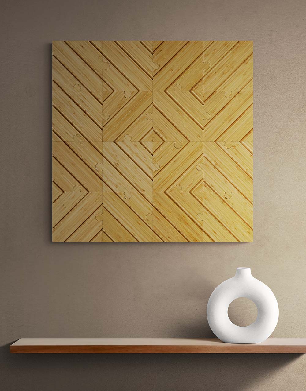 plyboo puzzle on the wall above a minimal display shelf