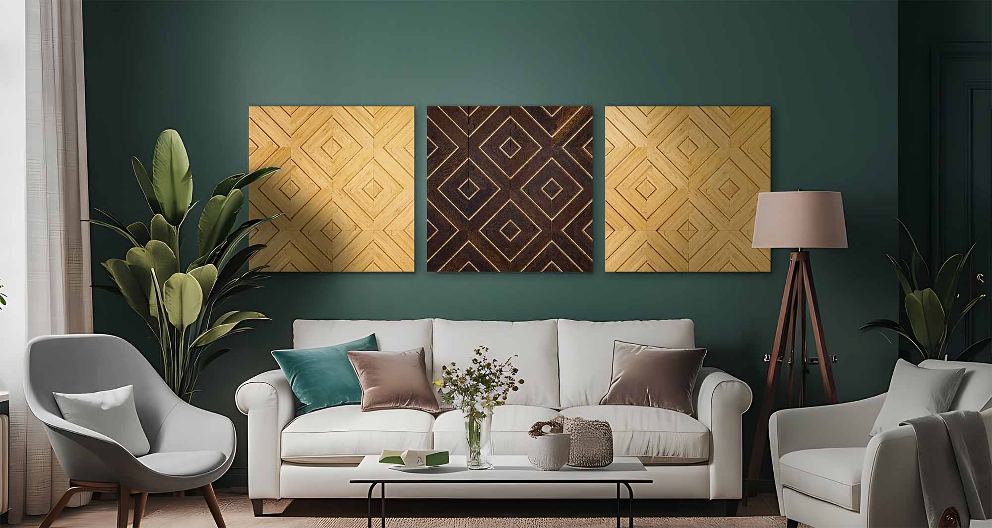 Hero plyboo puzzle on a wall in a cozy living room