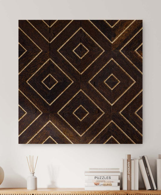 Infinite Diamonds plyboo puzzle above a modern bookshelf